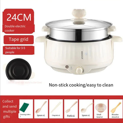 Electric Cooker Double Layer 24cm Non Stick Hot Pot & Rice Cooker White