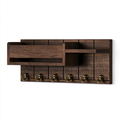 Traditional Wooden Wall-Mounted Storage Shelf with Hooks