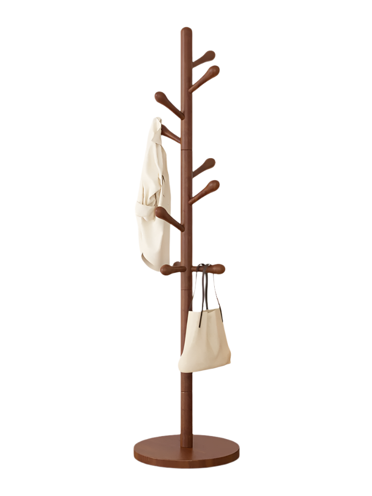 Solid Walnut Wood Floor Coat Rack - 10 Hooks