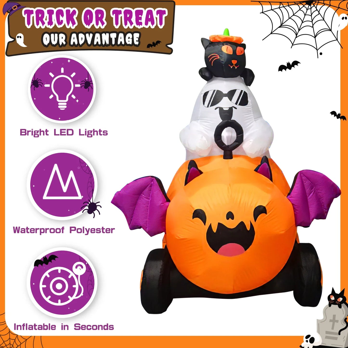 Halloween Inflatable Ghost with Pumpkin Cart - 6FT