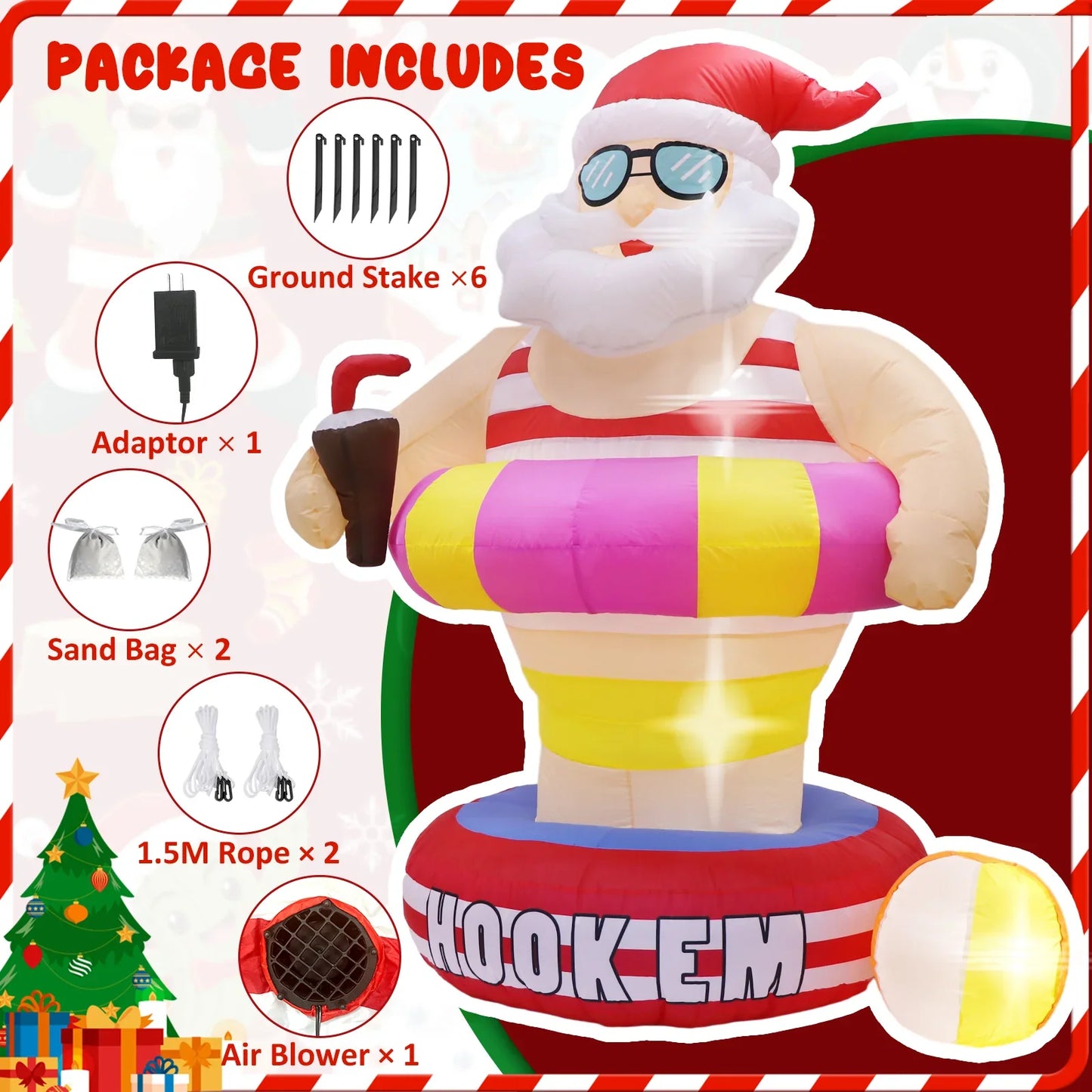 Christmas Hawaii Santa Inflatable Yard Decor LED