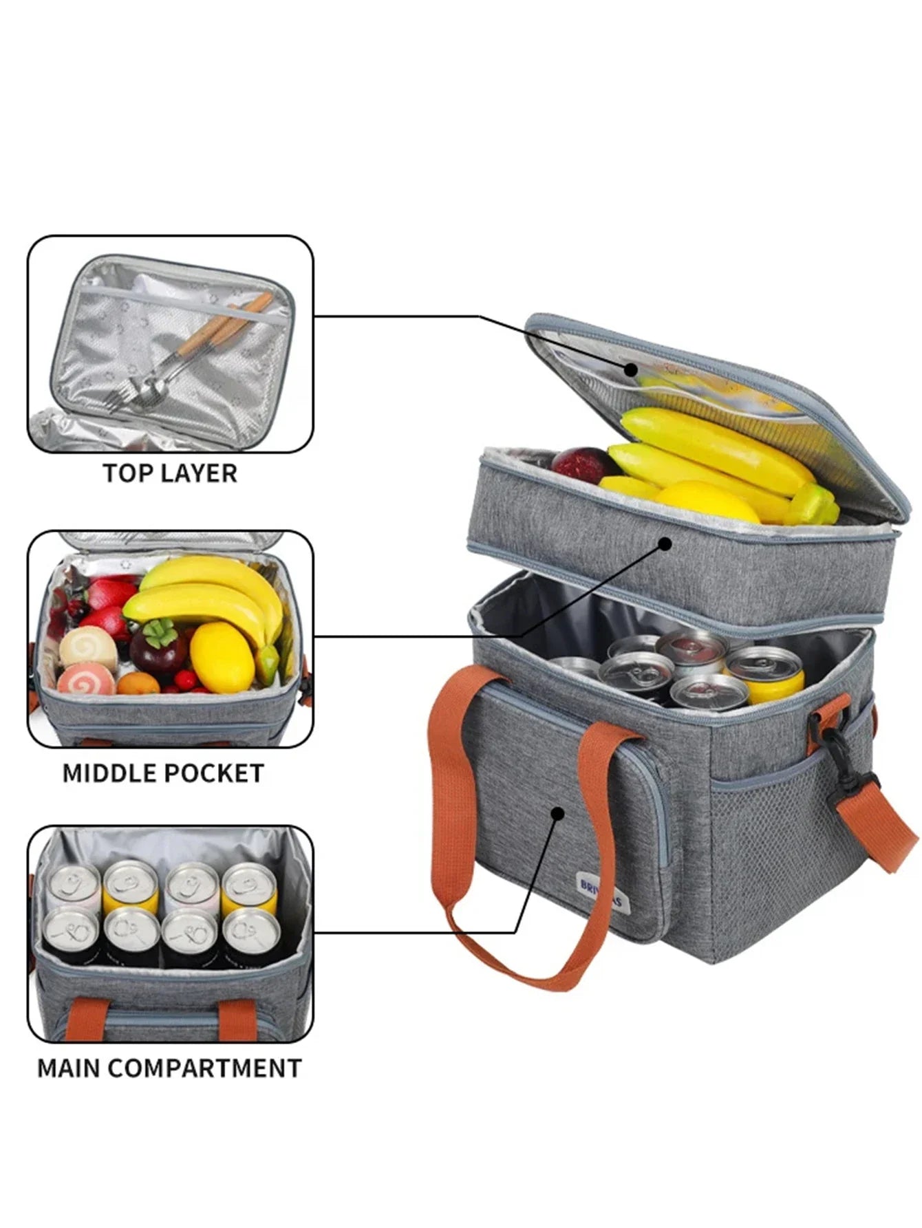 Portable Double Layer Lunch Bag (Grey)
