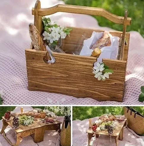 2-in-1 Wooden Folding Wine Table & Storage Basket