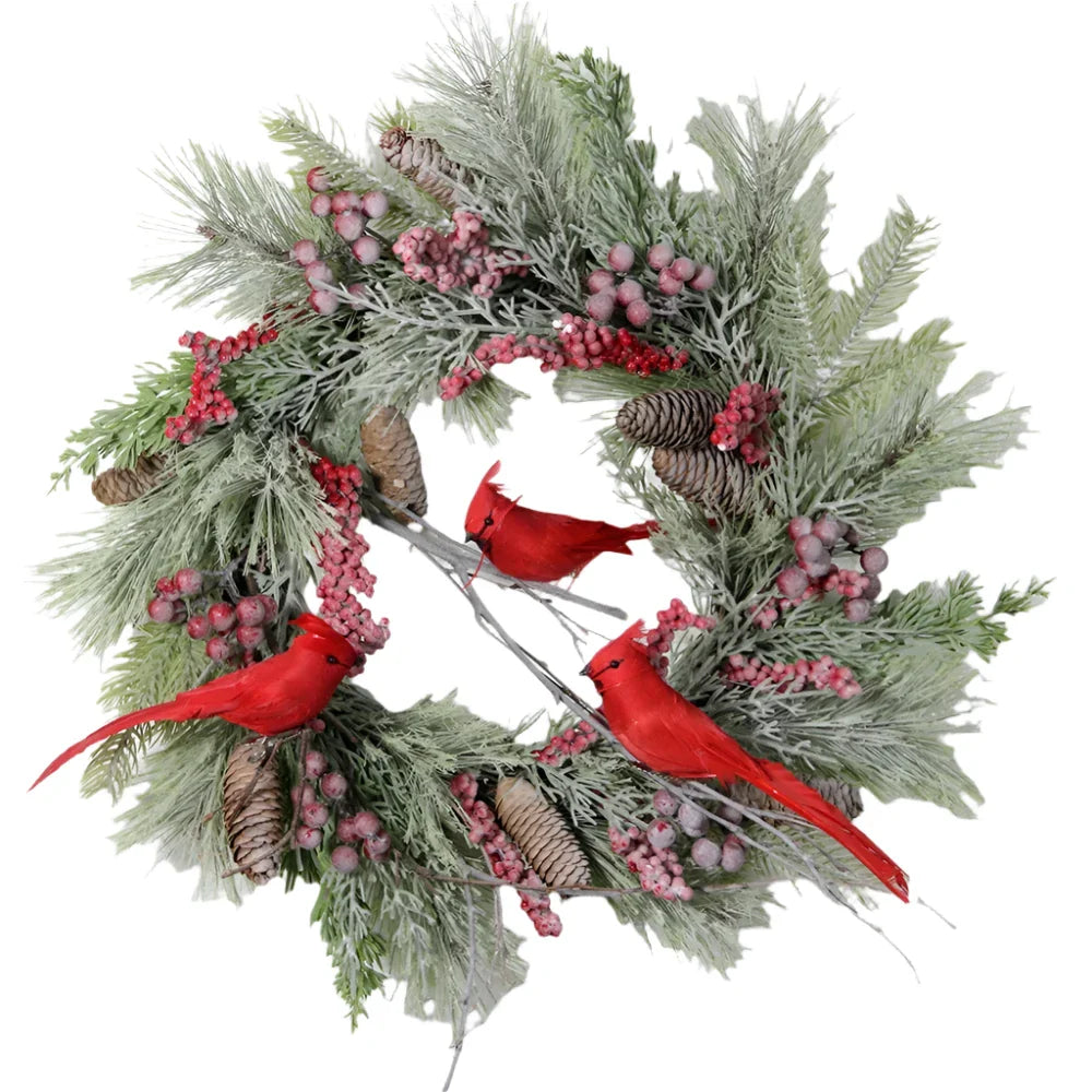 Red Cardinal Christmas Wreath with Berry and Pinecones