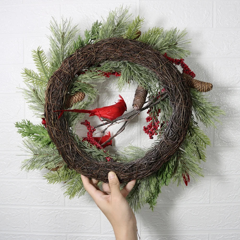 Red Cardinal Christmas Wreath with Berry and Pinecones