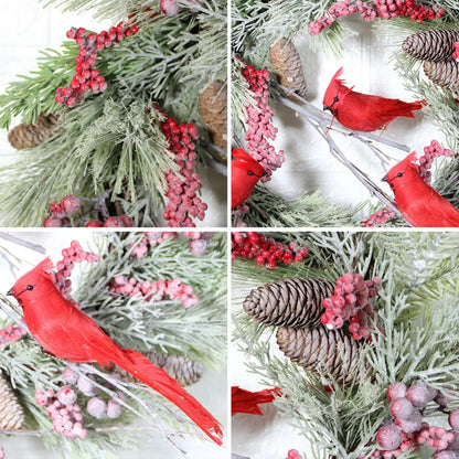 Red Cardinal Christmas Wreath with Berry and Pinecones