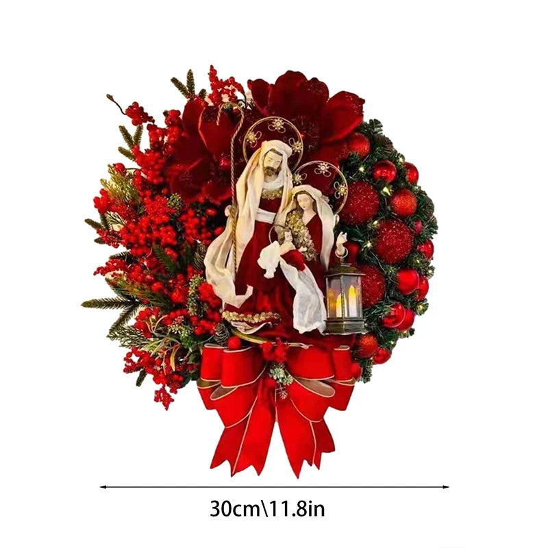 Red Christmas Wreath with Mini Statue