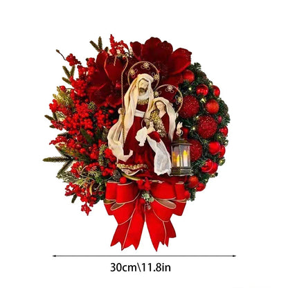 Red Christmas Wreath with Mini Statue