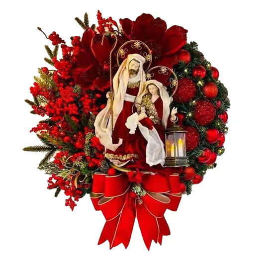 Red Christmas Wreath with Mini Statue