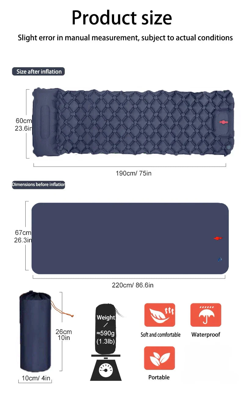 Outdoor Ultralight Camping Sleeping Pad with Built-in Pump and Headrest