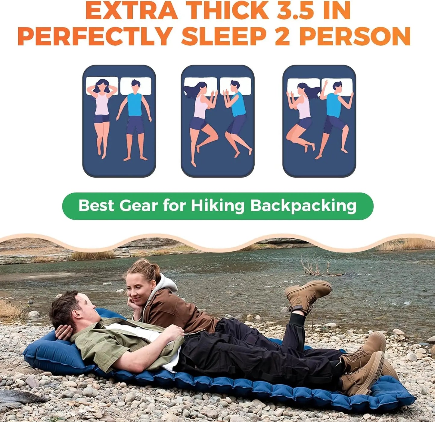 Double Sleeping Pad Inflatable Camping Navy Blue