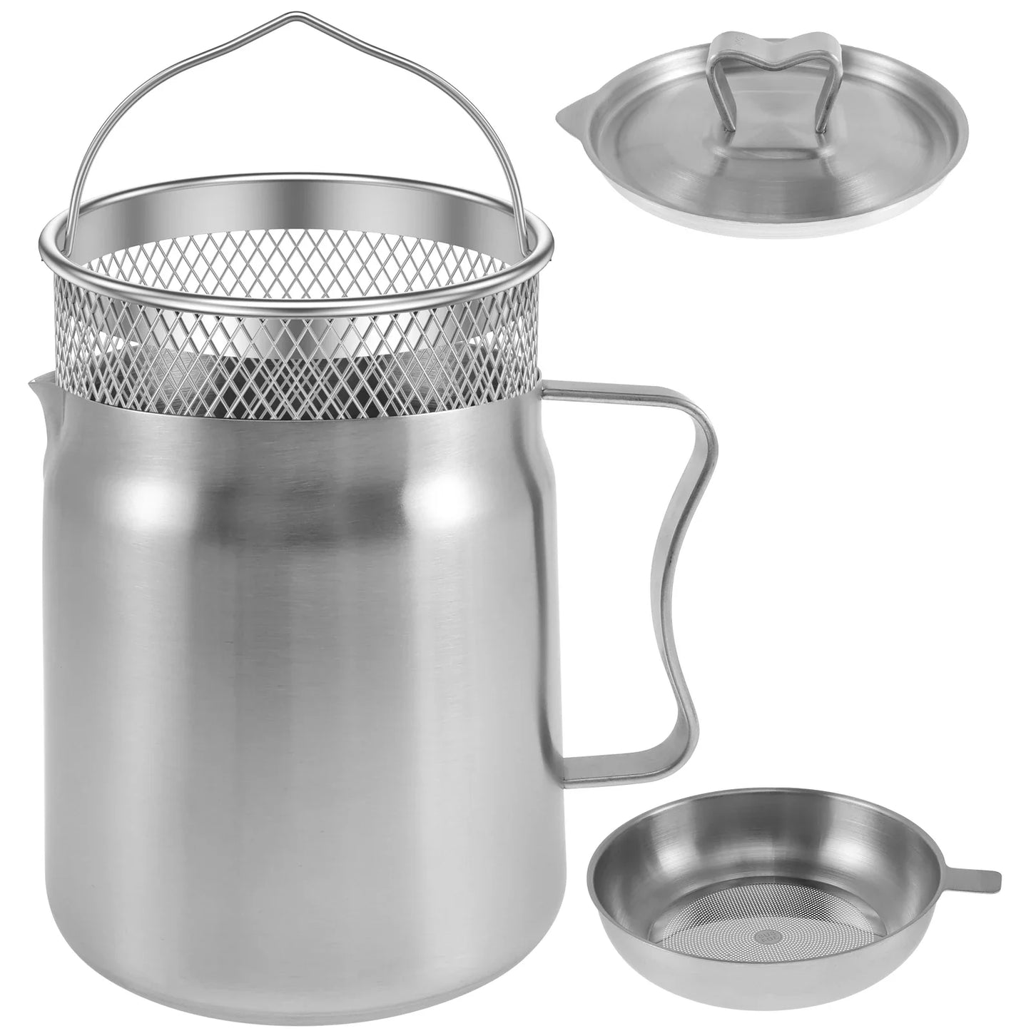 2L Stainless Steel Oil Filter Pot with Fine Mesh Strainer And Fry Basket Silver