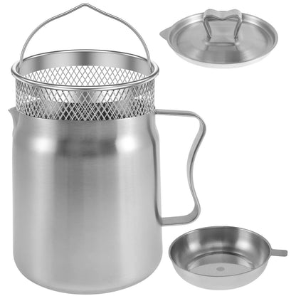 2L Stainless Steel Oil Filter Pot with Fine Mesh Strainer And Fry Basket Silver