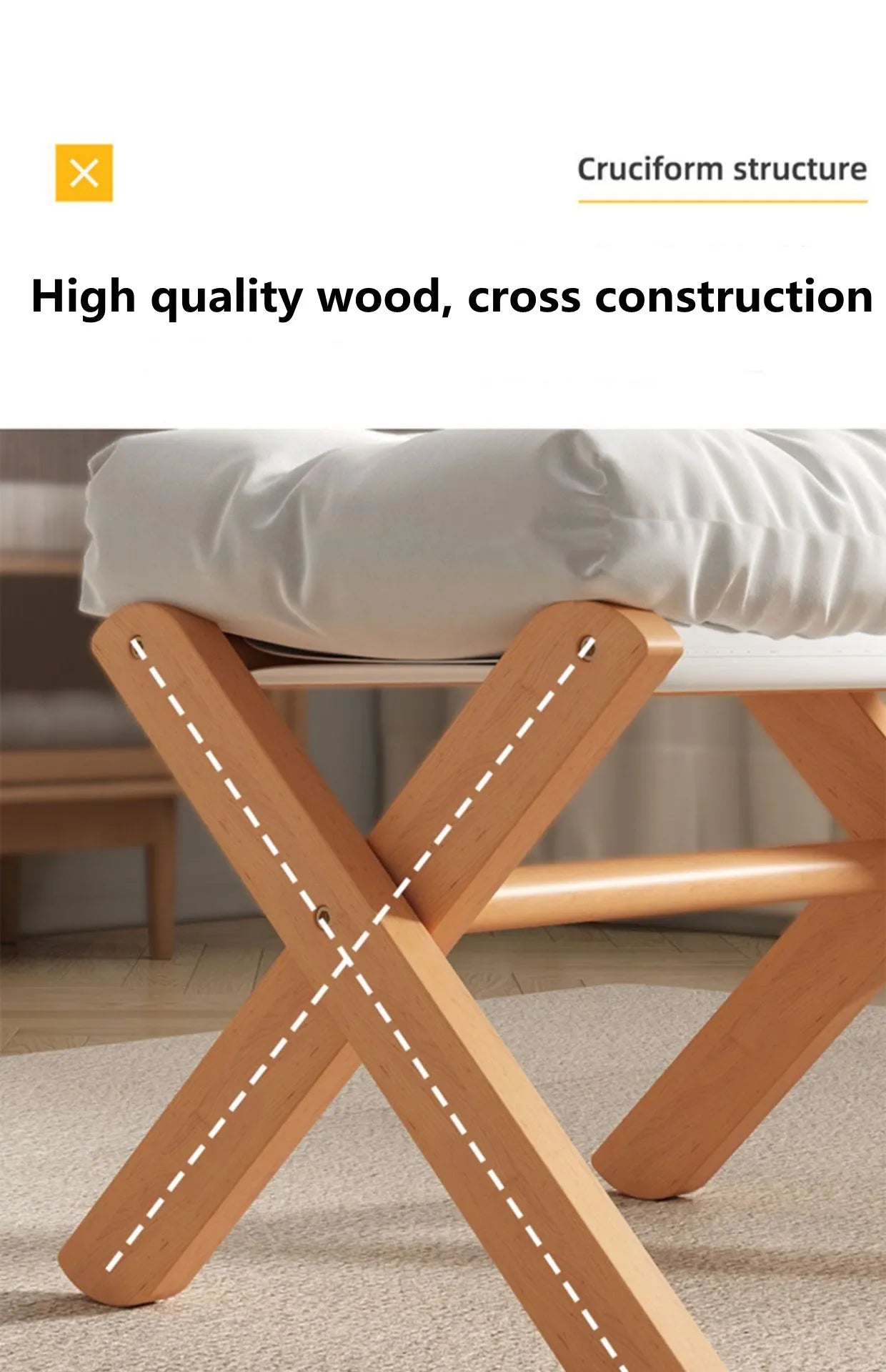 Foldable Solid Wood Low Stool with Paste-Style Grey Seat Cushion