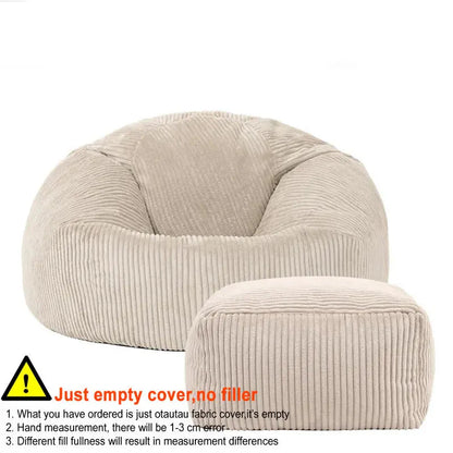 2-in-1 Bean Bag Chair & Footstool Cover Set Flannel Corduroy No Filler Beige