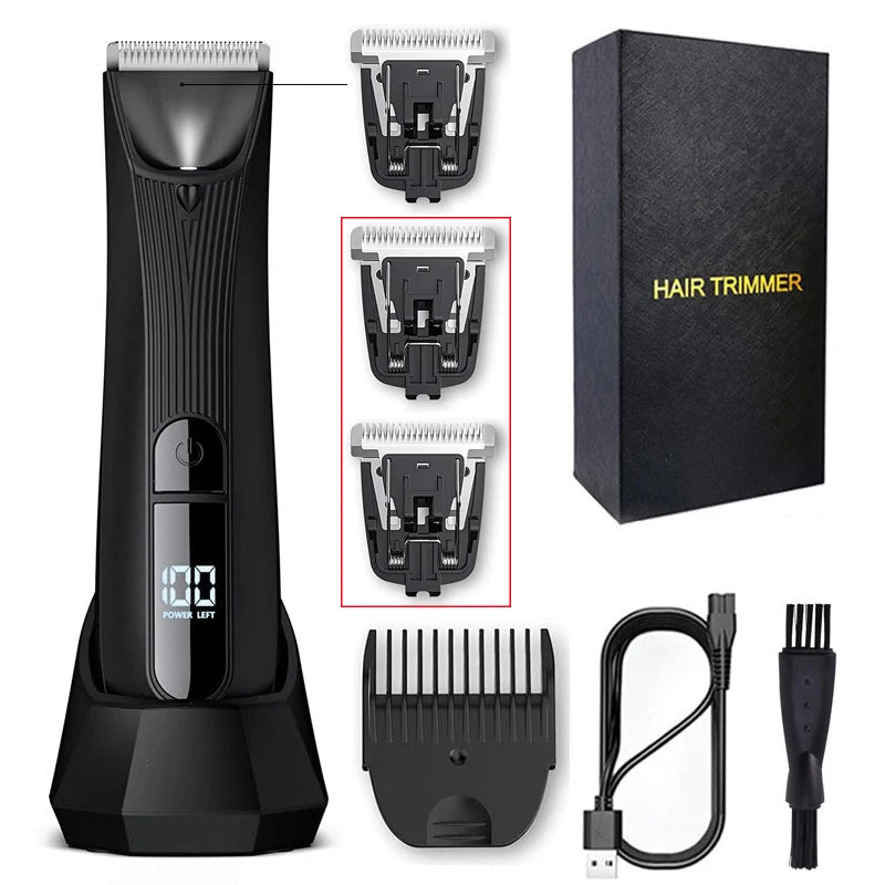 Mens Rechargeable Body Hair Trimmer with 2 Heads & LED Light Black