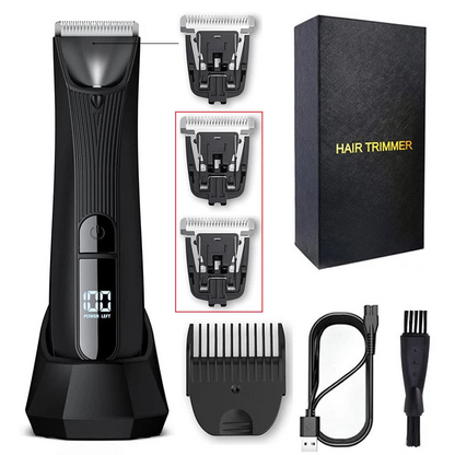 Mens Rechargeable Body Hair Trimmer with 2 Heads & LED Light Black