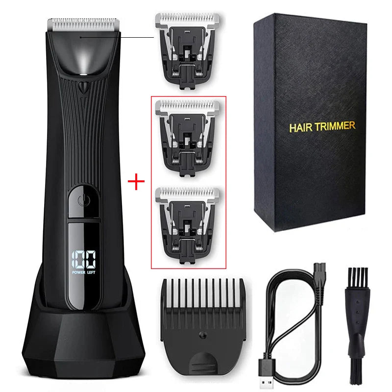 Mens Rechargeable Body Hair Trimmer with 2 Heads & LED Light Black
