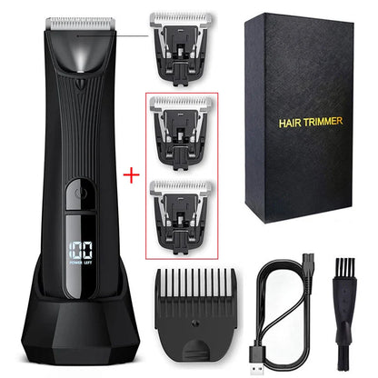 Mens Rechargeable Body Hair Trimmer with 2 Heads & LED Light Black