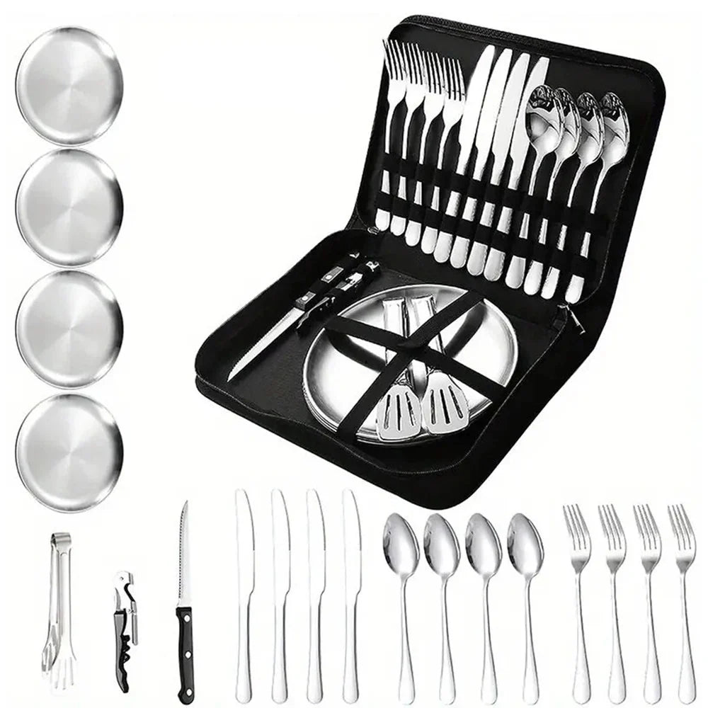 20-Piece Steel Outdoor Camping Cutlery Set Silver