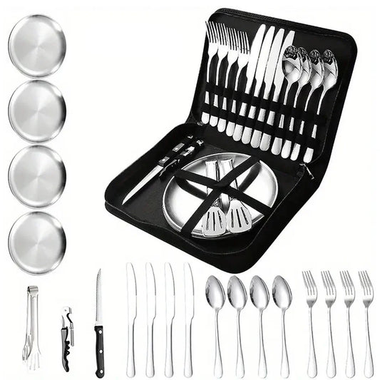 20-Piece Steel Outdoor Camping Cutlery Set Silver