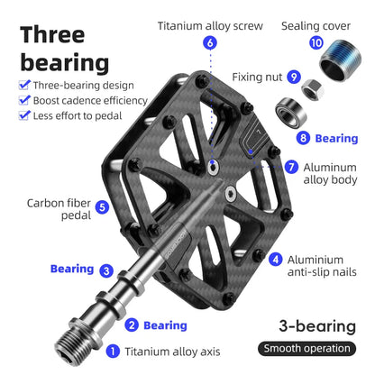 Ultra-Light T700 Carbon Fiber Bicycle Pedals 3-Bearing Black