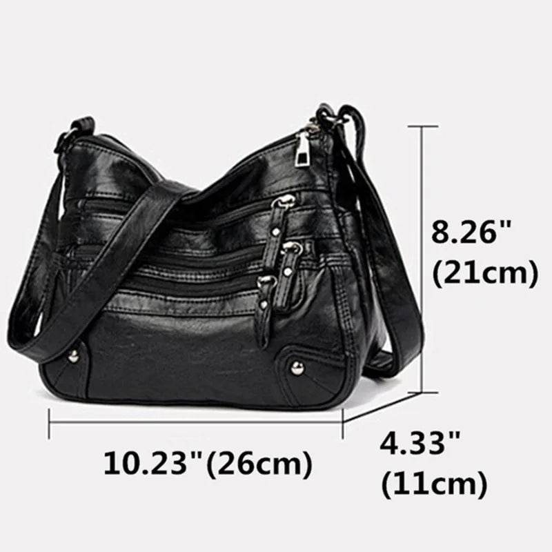 Women's Multi-Layer Leather Shoulder Crossbody Bag (Black)