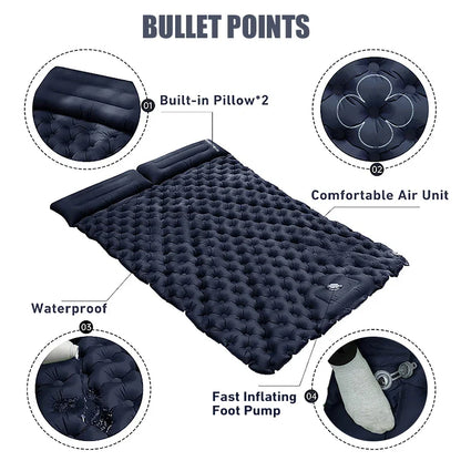 Double Inflatable Camping Mattress with Built-in Pillow Pump Navy Blue