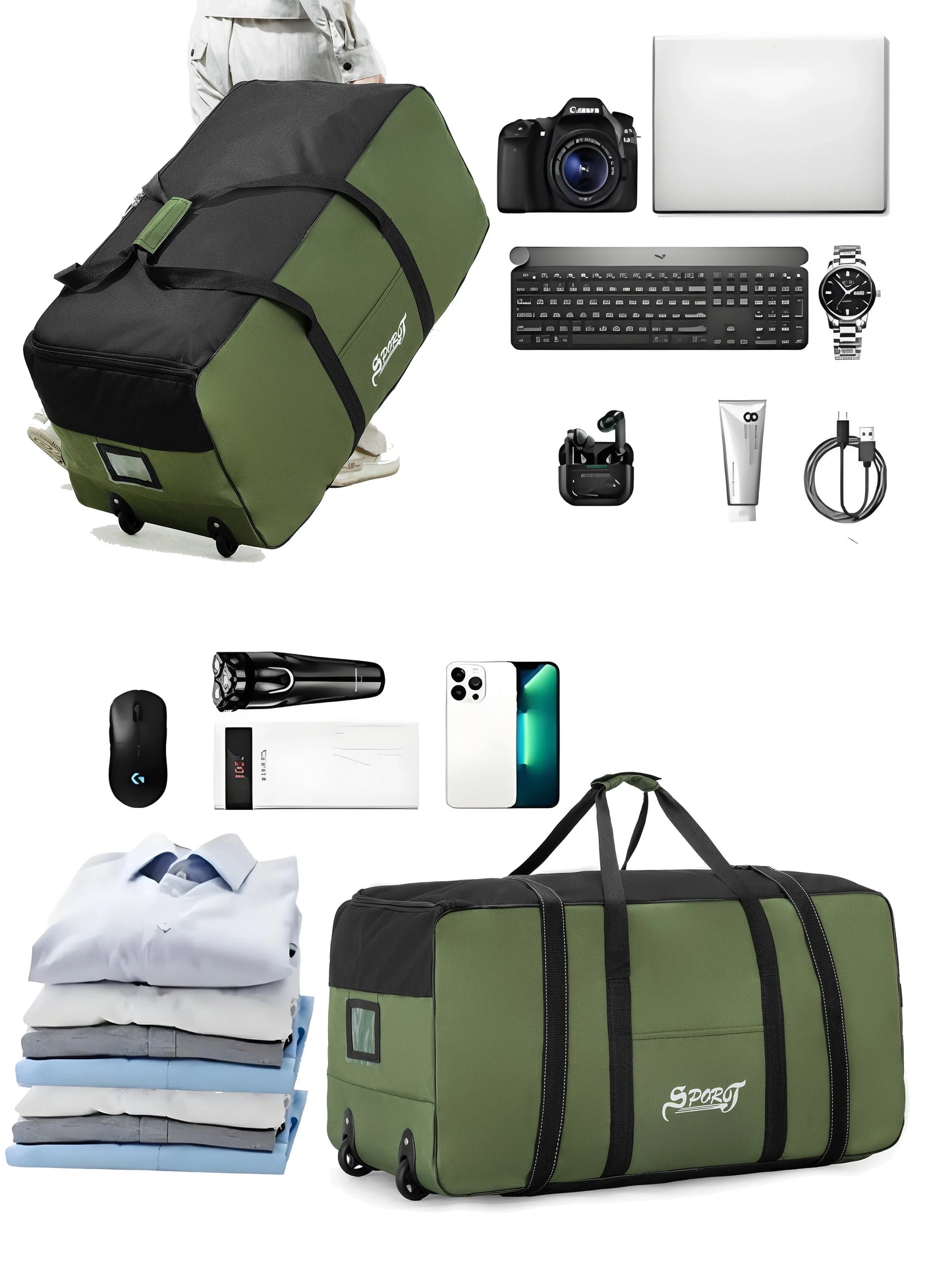 Wheeled Outdoor Travel Storage Bag Green