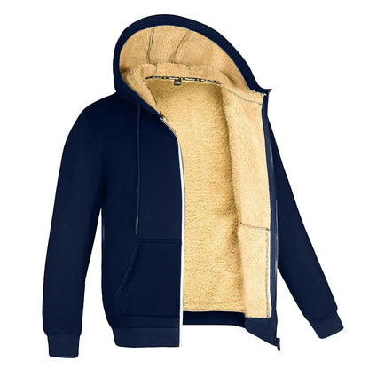 Winter Hooded Fleece Jacket Zipper Coat Unisex (Navy Blue)