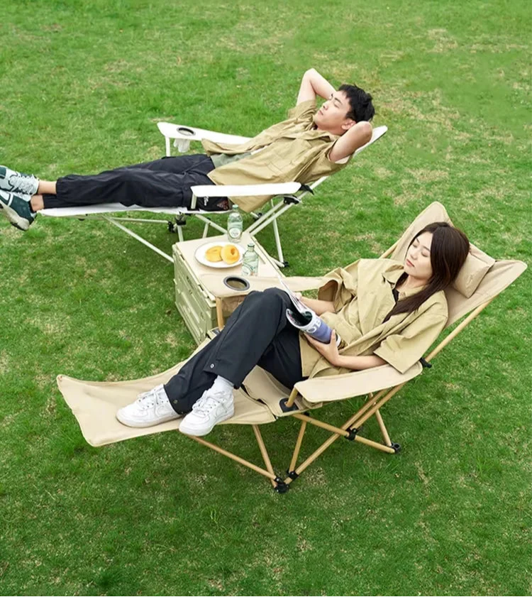 2-in-1 Reclining Camping Chair Adjustable Khaki