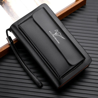 Men Leather Clutch Bag Double Zipper Business (Black)