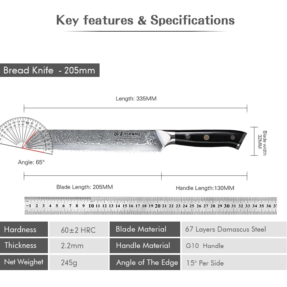 8-Inch Damascus Steel Bread Knife Serrated VG10 Core Blade Black