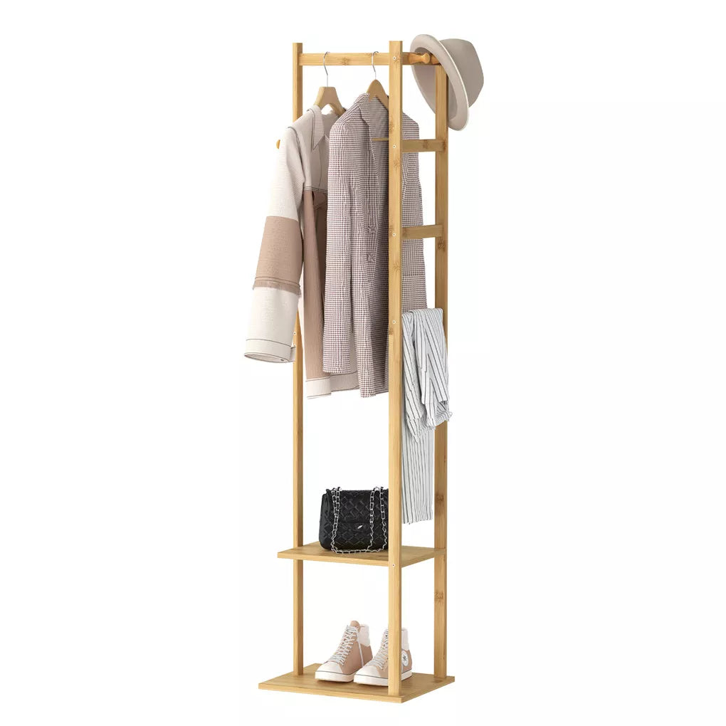 Yellow Bamboo Garment Rack with 2 Tier Shelves - Free-Standing Wooden Clothing Rack