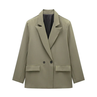 Womens Double Breasted Blazer with Pockets (Dark Green)