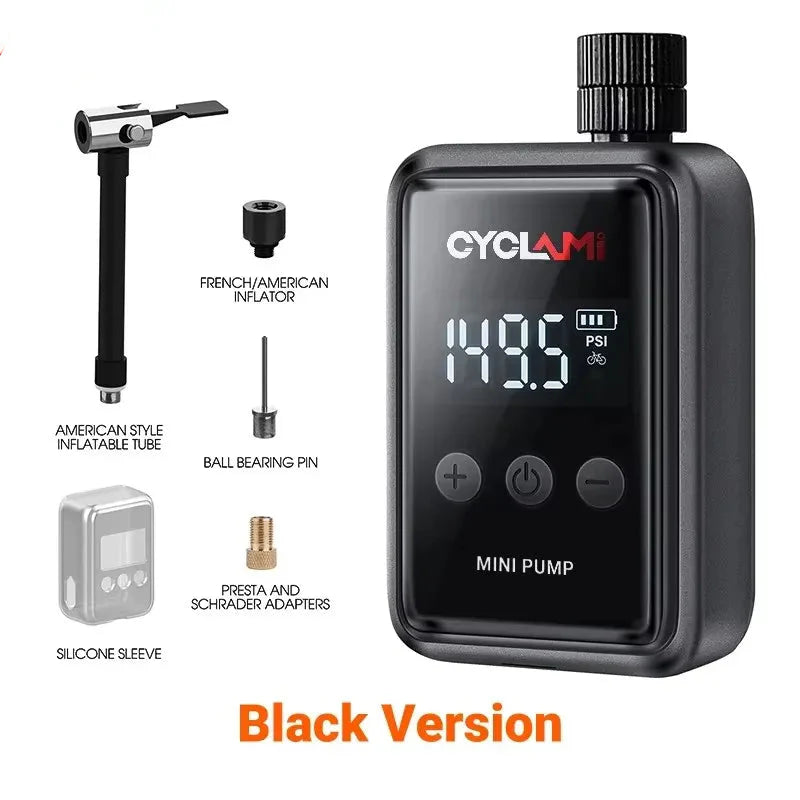 Mini Electric Bicycle Air Pump 150PSI High-Pressure Portable Inflator Black