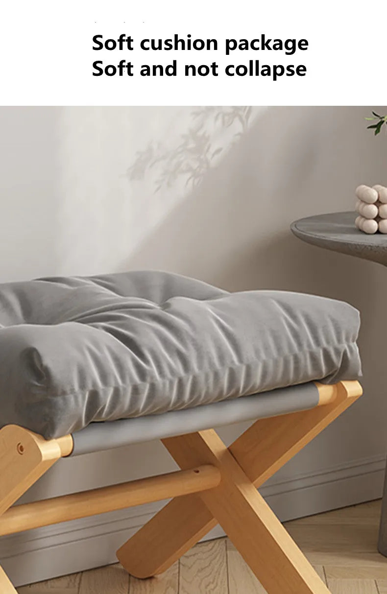 Foldable Solid Wood Low Stool with Paste-Style Grey Seat Cushion