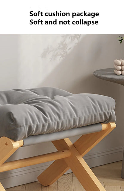 Foldable Solid Wood Low Stool with Paste-Style Grey Seat Cushion