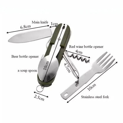 7-in-1 Folding Camping Cutlery Set with Storage Bag Green