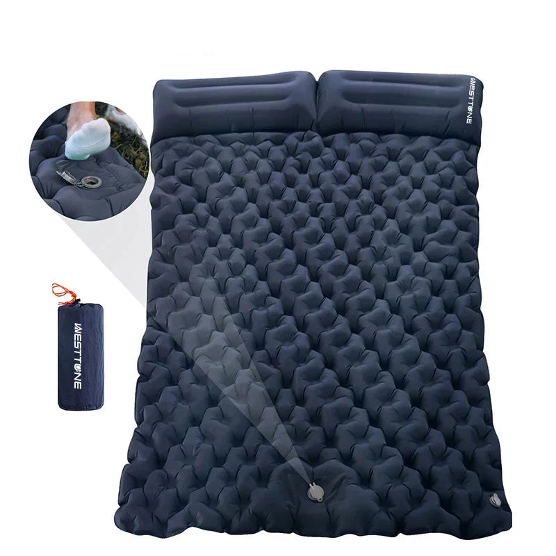 Double Inflatable Camping Mattress with Built-in Pillow Pump Navy Blue