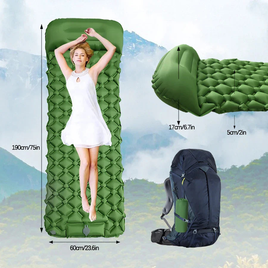 Inflatable Camping Mattress with Pillow  Built-In Pump Air Green