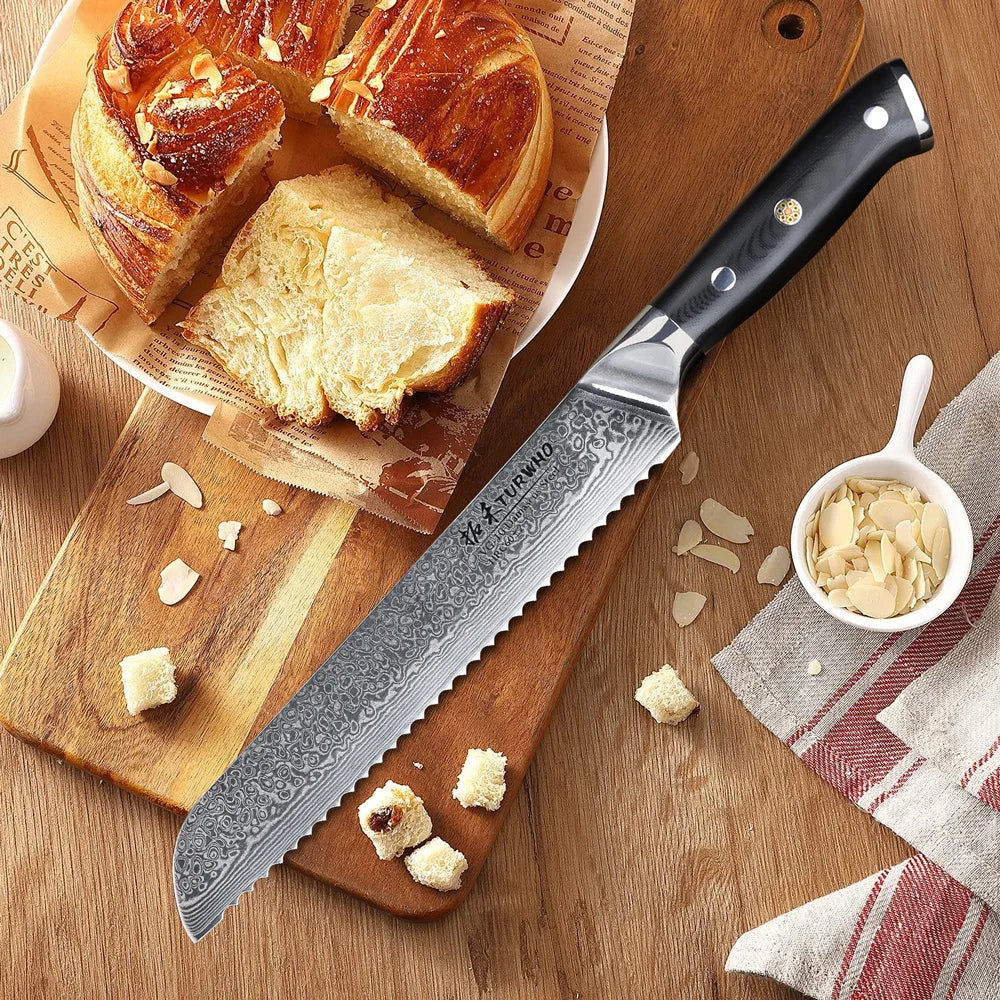 8-Inch Damascus Steel Bread Knife Serrated VG10 Core Blade Black