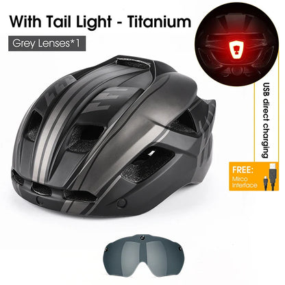 Ultralight Cycling Helmet with Magnetic Goggles LED Taillight Titanium