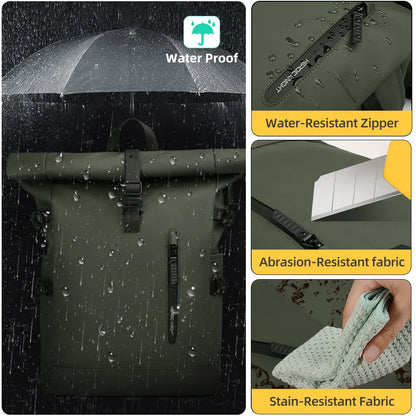 Expandable Waterproof Backpack Roll-Up Design with USB Charging Port Green