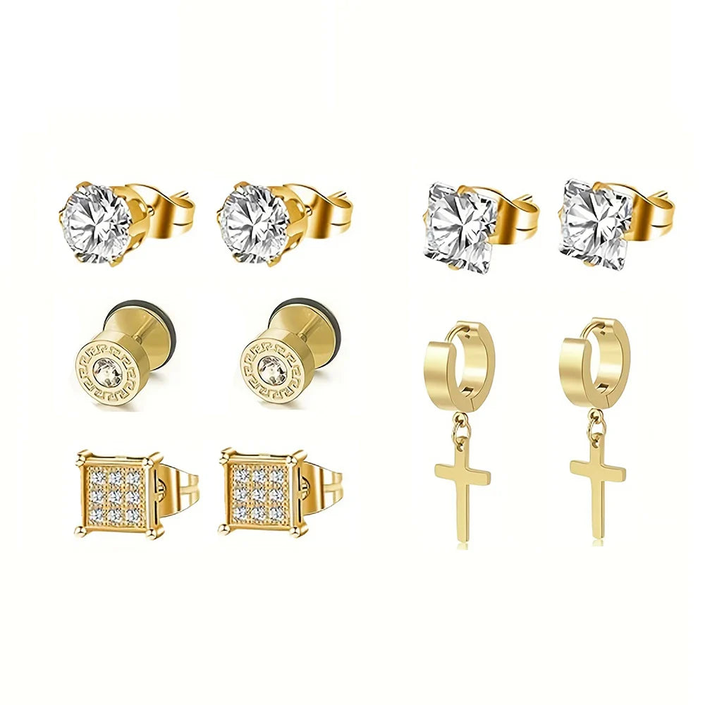 Earrings Stainless Steel 5 Pairs Set for Men (Gold)