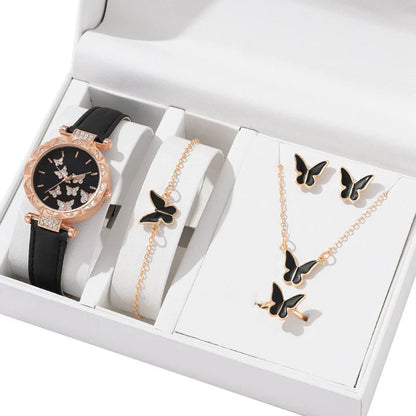 Butterfly Jewelry Set Watch Necklace Earrings Bracelet (Black)