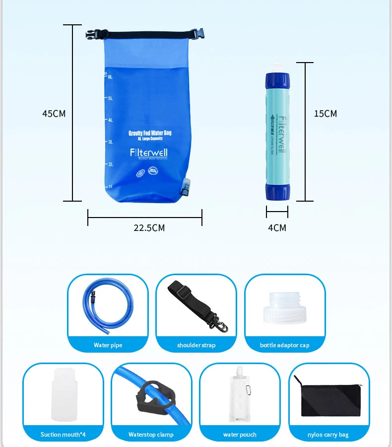 Filterwell 6L Gravity Water Filter Straw for Travel and Emergency