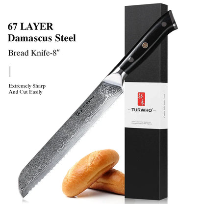 8-Inch Damascus Steel Bread Knife Serrated VG10 Core Blade Black