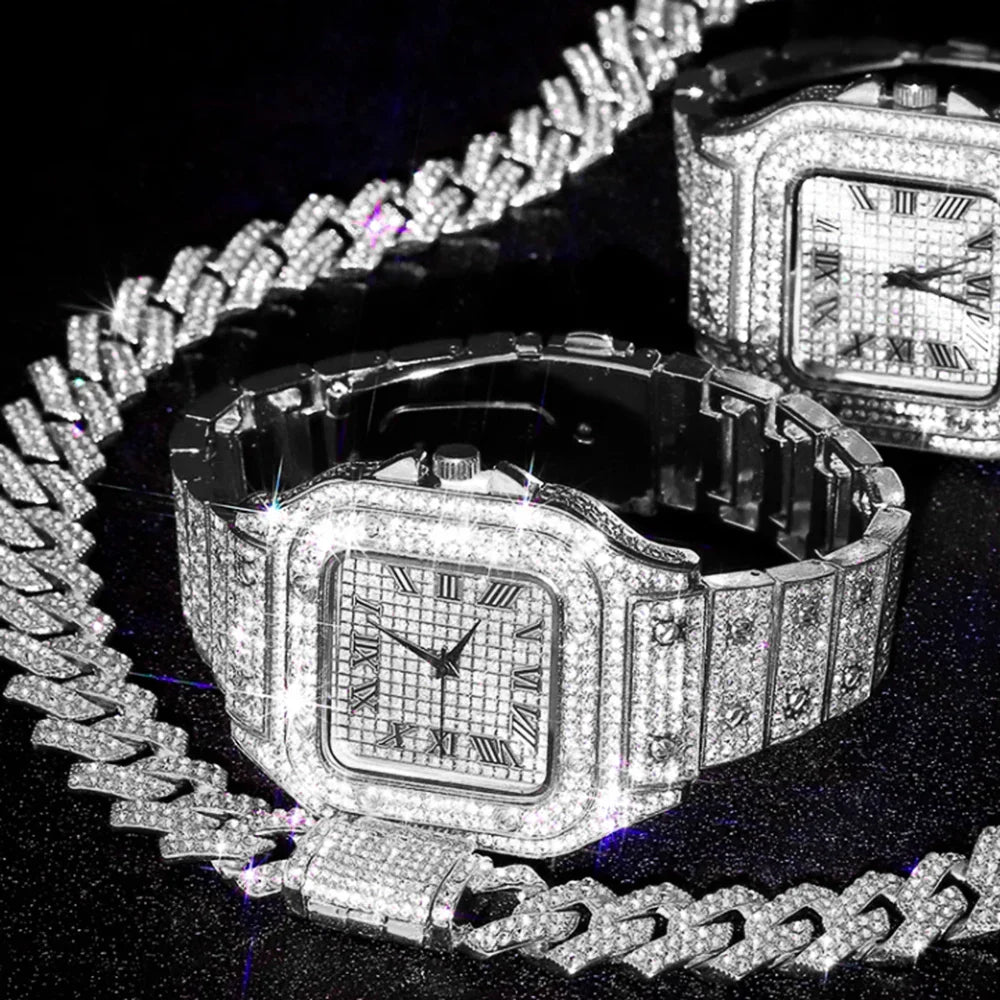 3pcs Men's Watch Set Square Watch Cuban Chain Bracelet (Silver)