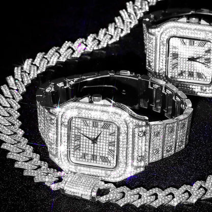 3pcs Men's Watch Set Square Watch Cuban Chain Bracelet (Silver)